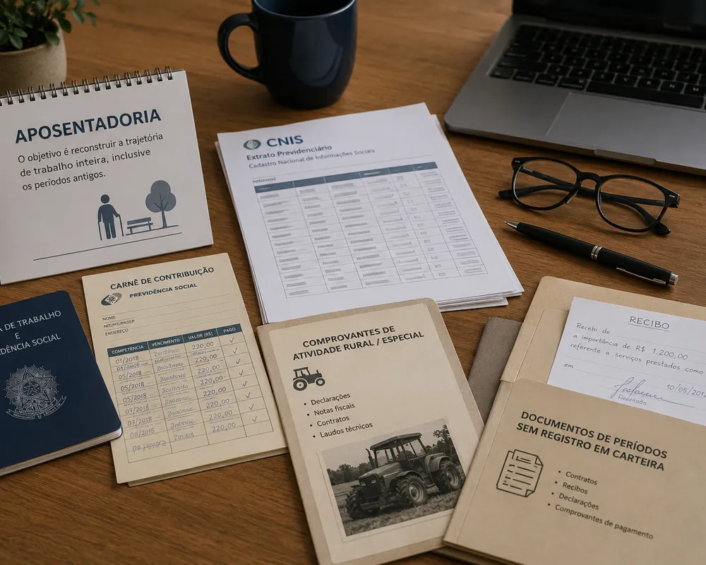 Extrato de contribuições e carteira de trabalho sobre a mesa