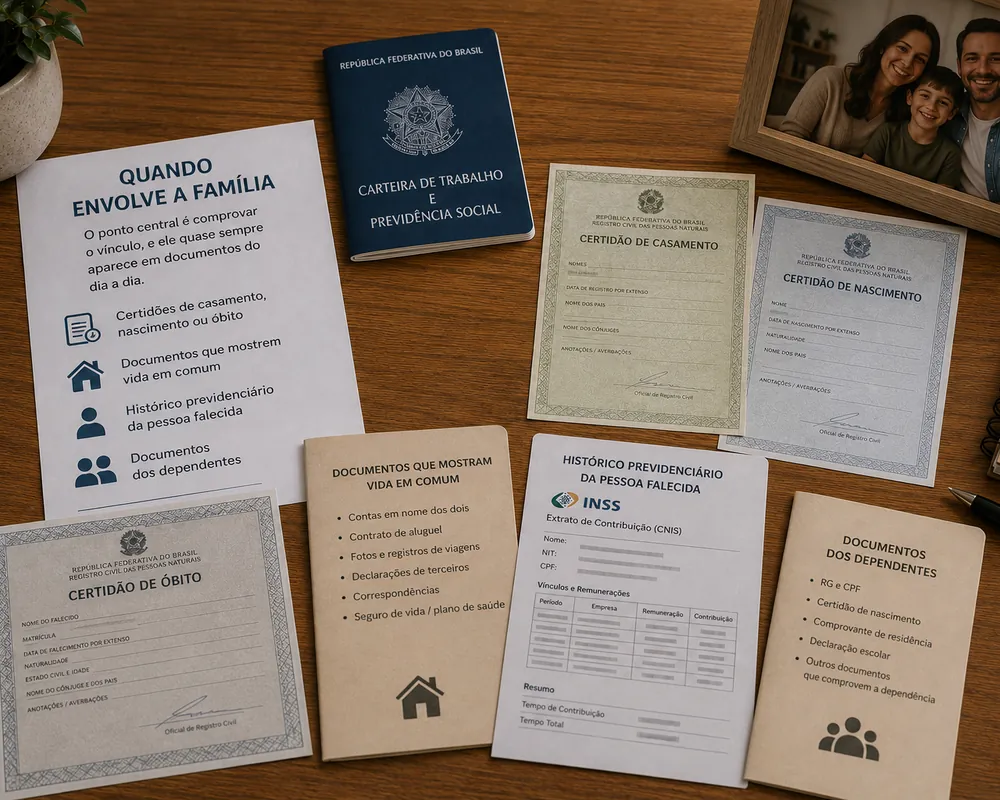Certidões e comprovantes de vínculo familiar sobre a mesa