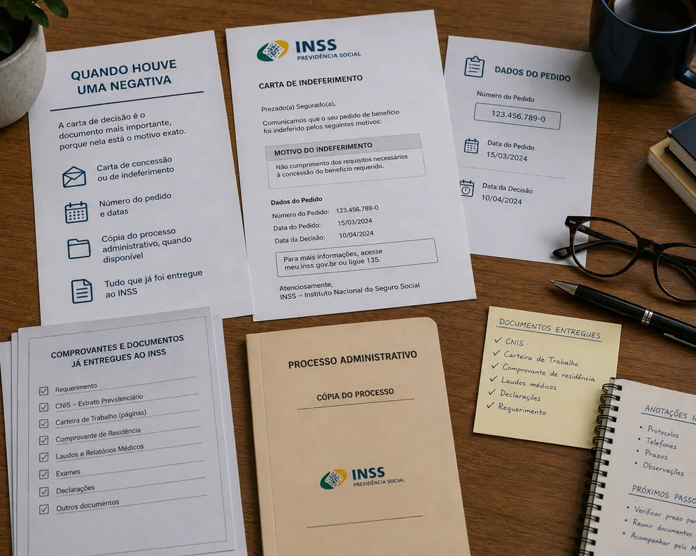 Carta de decisão do INSS e a documentação do pedido sobre a mesa