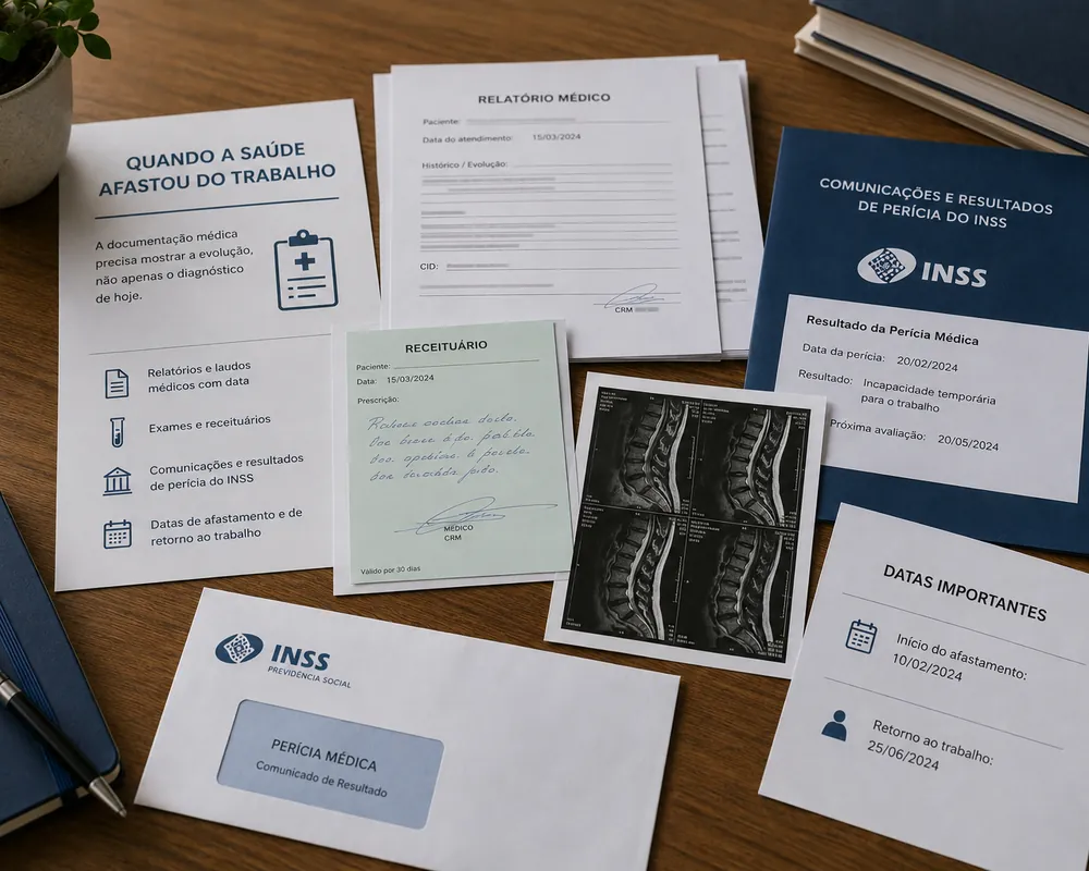Relatórios médicos e exames reunidos para a análise