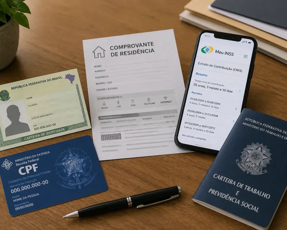 Documento de identidade, CPF e comprovantes reunidos sobre a mesa